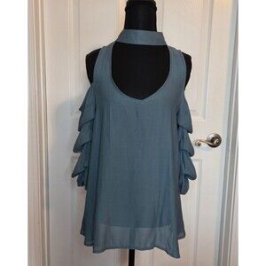 Haute Monde Womens MEDIUM Green Cold Shoulder Ruffle Sleeve Cold Shoulder Top